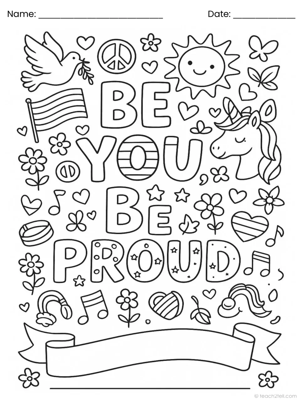 Be You, Be Proud: children colour the slogan with a smiling sun, unicorn head, striped hearts and a ribbon to write on