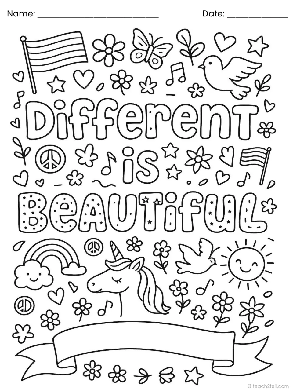 Different Is Beautiful: kids shade star-dotted letters, a rainbow with a cloud, doves and a unicorn, then fill the banner