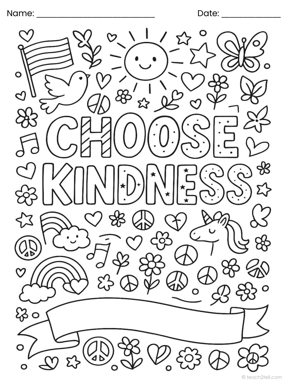 Choose Kindness: learners colour patterned letters surrounded by peace signs, rainbows, a butterfly and an empty scroll