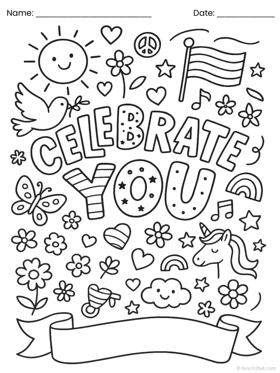 Celebrate You: students fill in curved lettering, a waving flag, clouds, small rainbows and a unicorn with colour