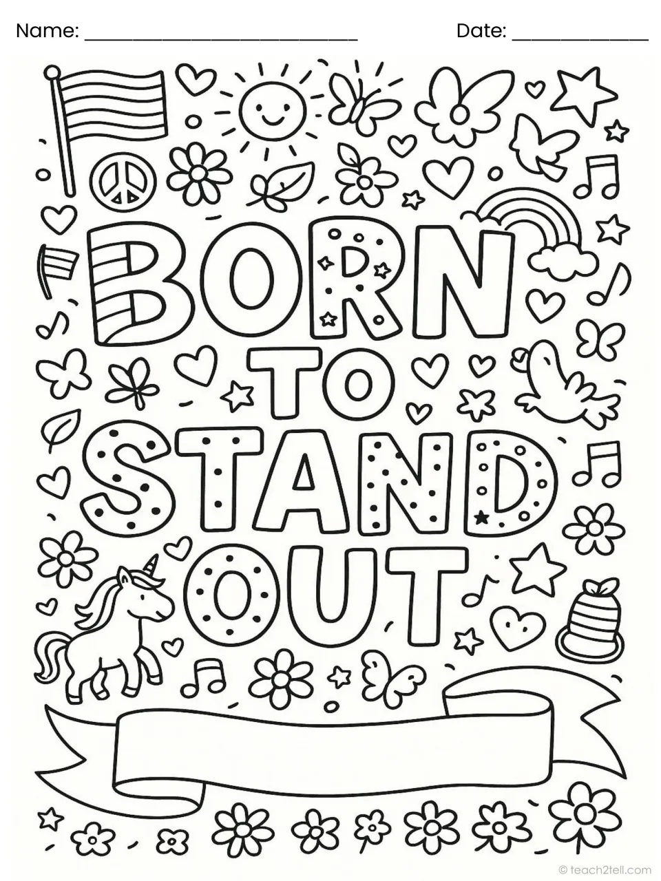 Born to Stand Out: colour polka-dot block letters beside a prancing unicorn, flag, music notes and a blank ribbon