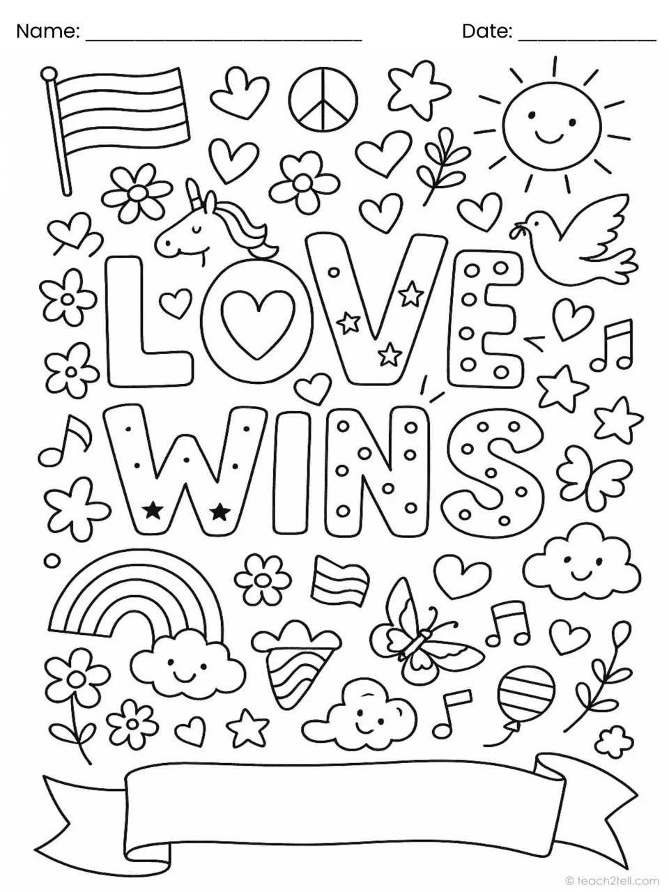 Love Wins: kids colour a heart inside the O, dotted letters, a striped balloon, smiling clouds and a rainbow