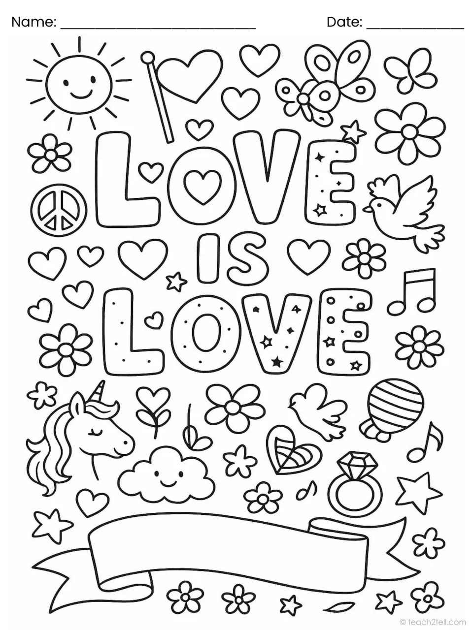Love Is Love: students colour heart-filled letters, a heart-shaped flag, a diamond ring, a dove and a balloon
