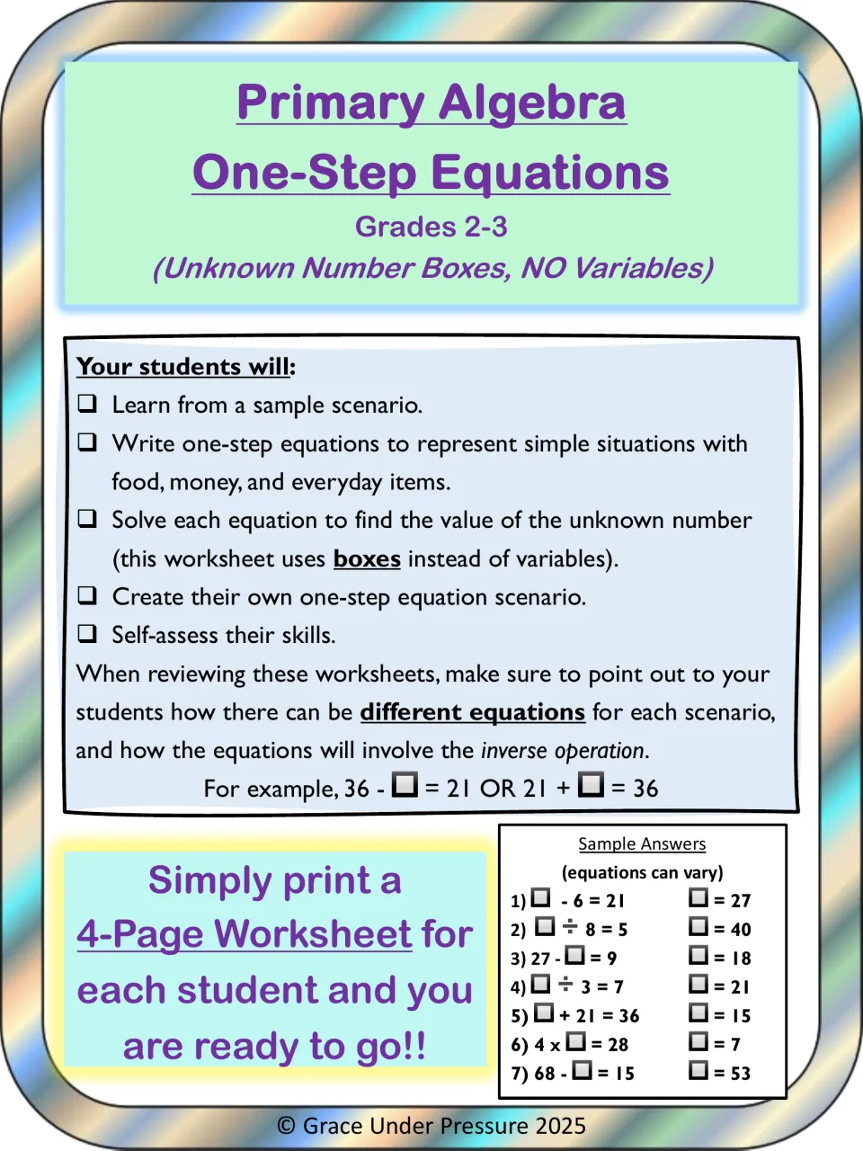 Primary Algebra One-Step Equations cover: student goals, unknown number boxes instead of variables, sample answers 1-7