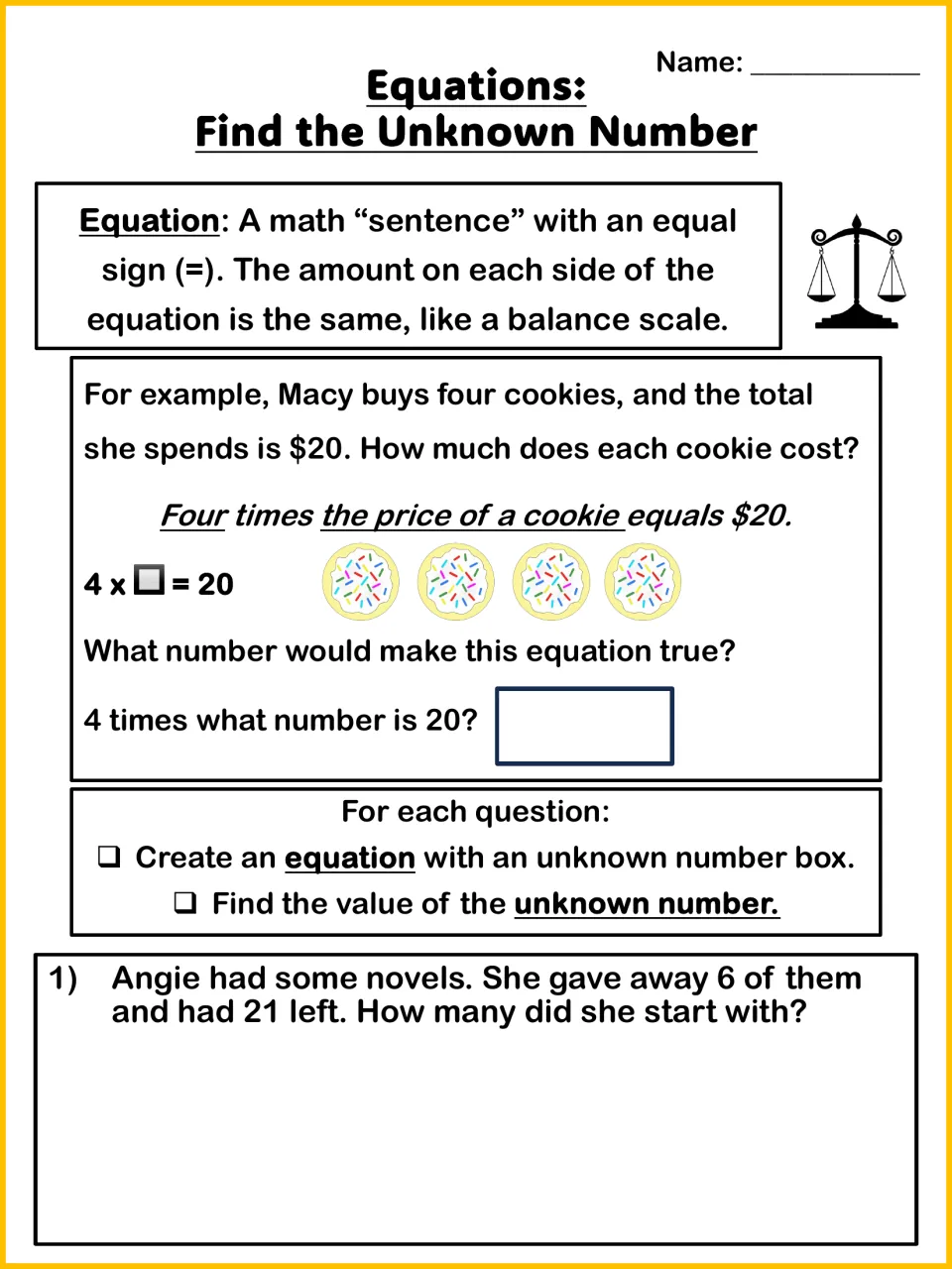 Find the Unknown Number intro: equation as a balance, cookie example 4 x box = 20, problem 1 about Angie's novels