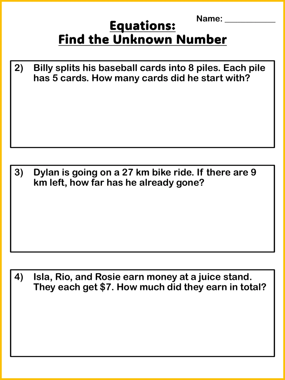 One-step word problems 2-4: students write and solve box equations for baseball card piles, a bike ride and a juice stand
