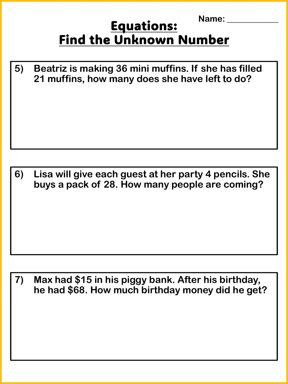 One-step word problems 5-7: students write and solve equations about mini muffins, party pencils and birthday money