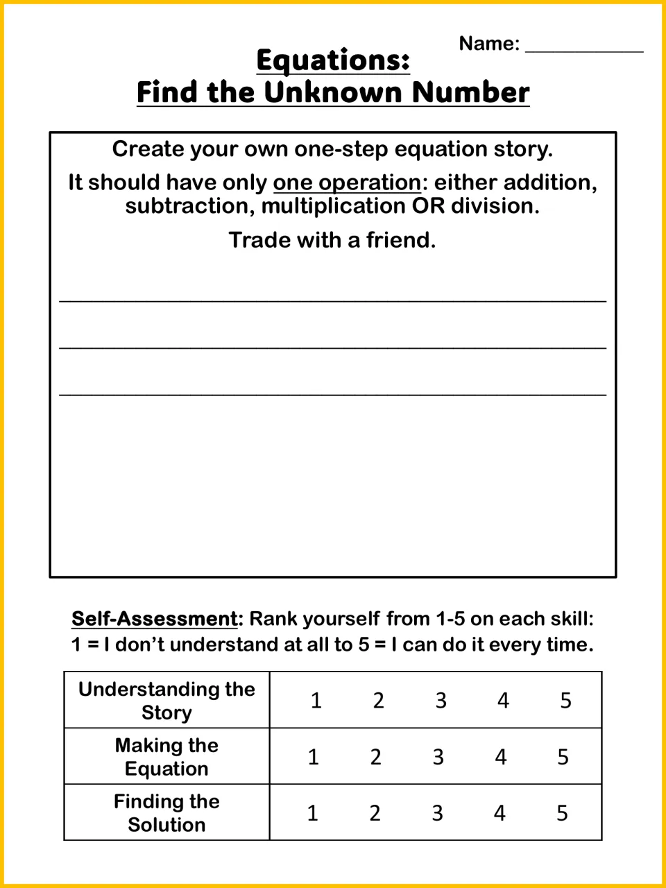 Create-your-own equation story with one operation, swapped with a friend, plus a 1-5 self-assessment of three skills