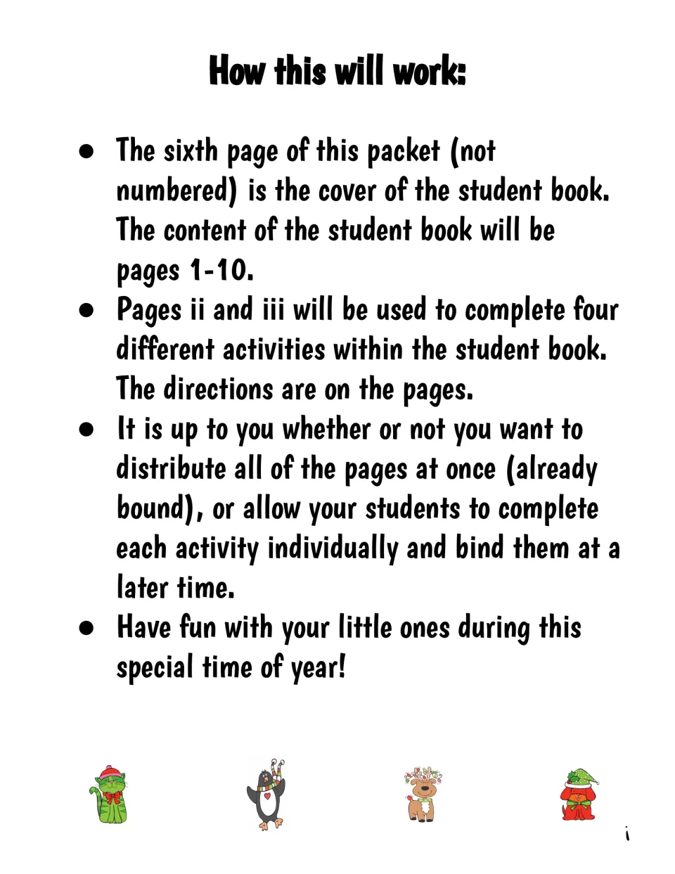 Teacher directions explain the 10-page student book, two supporting sheets, and options for binding pages