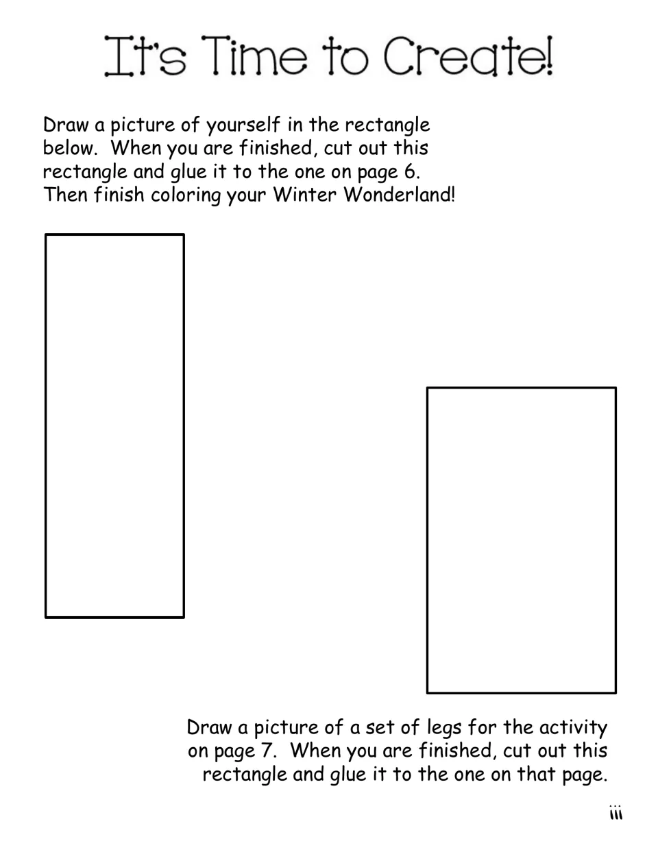 Drawing and cutout sheet asks students to draw themselves for book page 6 and a set of legs for page 7
