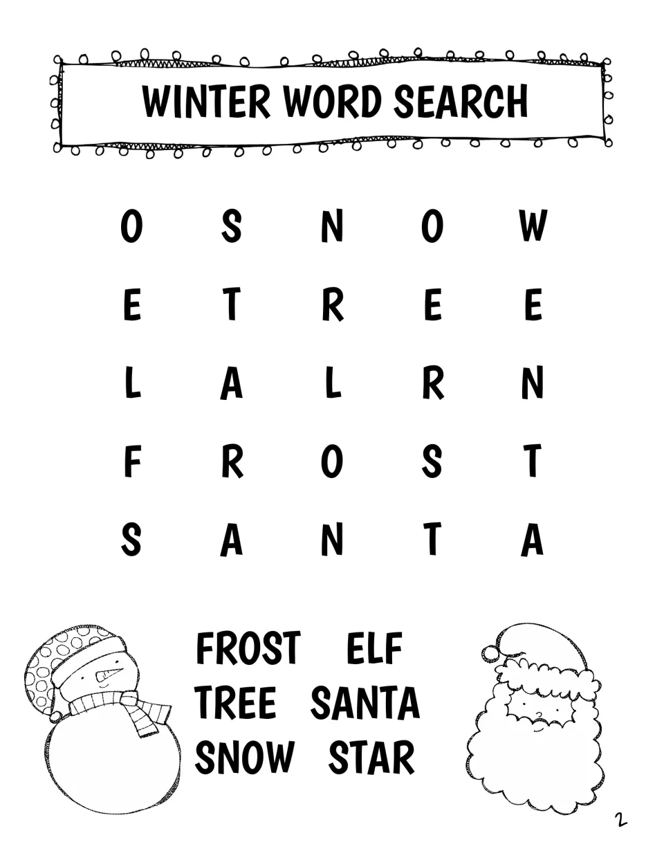 Student book page 2 is a winter word search featuring the words frost, elf, tree, Santa, snow, and star