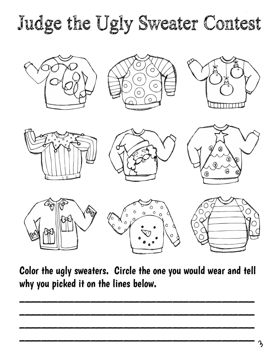Student book page 3 asks students to color nine ugly sweaters, choose one to wear, and explain their choice