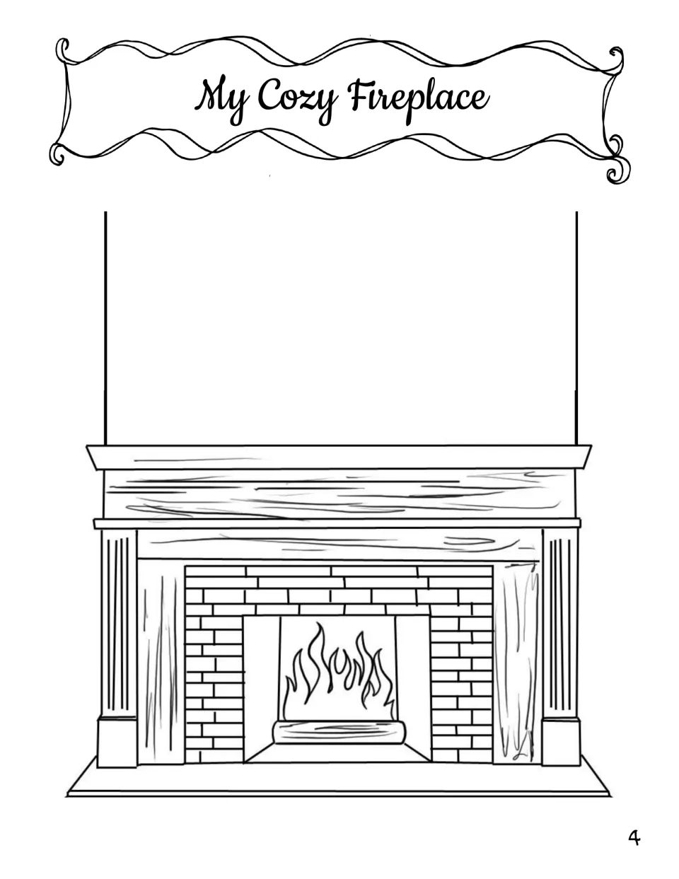 Student book page 4, 'My Cozy Fireplace,' provides a fireplace to decorate with stocking and wreath cutouts