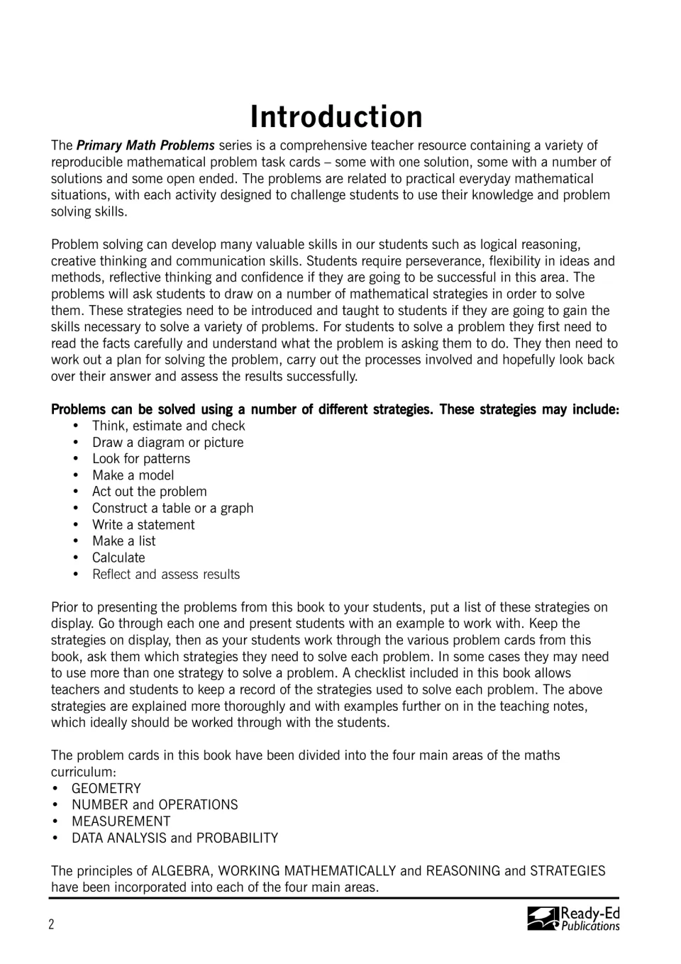 Introduction: lists ten problem solving strategies such as draw a diagram and make a list, plus the four strands covered