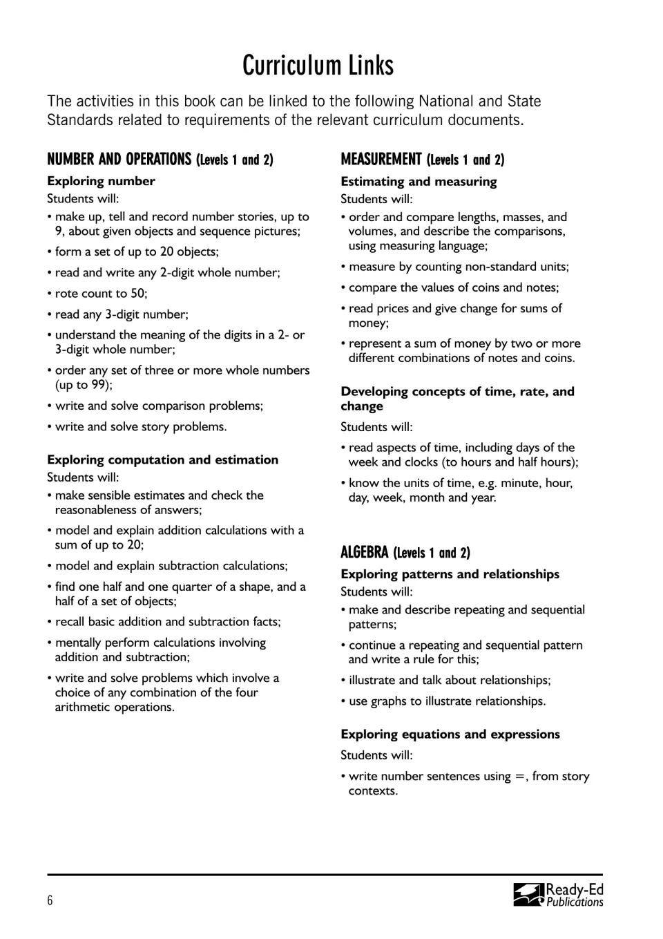 Curriculum links for Number and Operations, Measurement and Algebra at Levels 1 and 2, listing what students will do