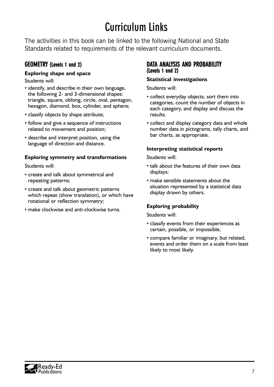 Curriculum links for Geometry and Data Analysis and Probability at Levels 1 and 2, on shape, symmetry, data and chance