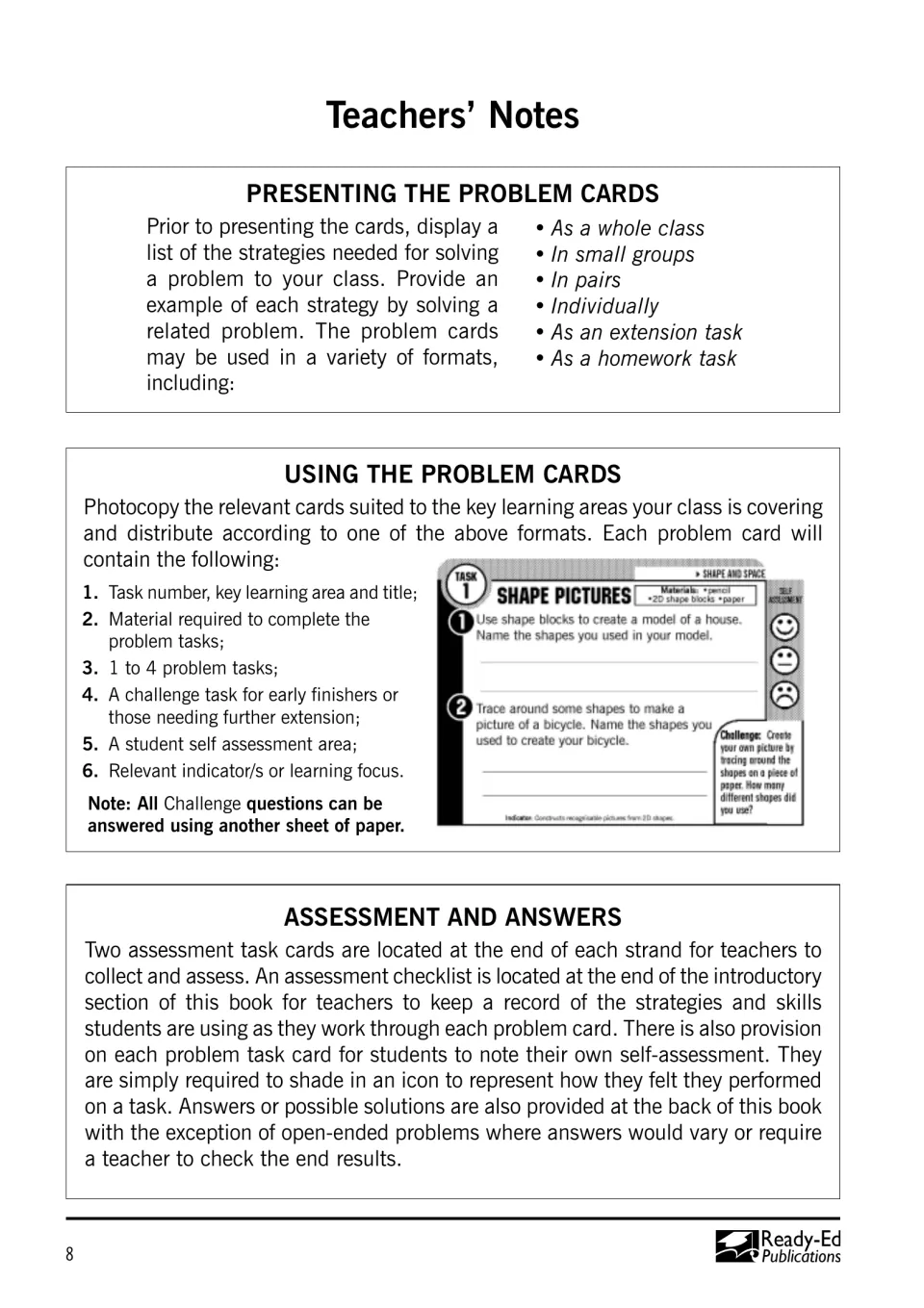 Teachers' notes on presenting and using the problem cards, with a sample Shape Pictures card and assessment guidance
