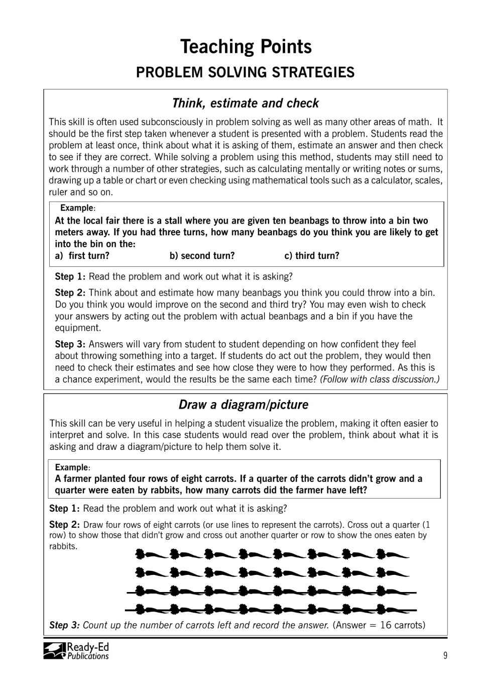 Teaching points for think, estimate and check and draw a diagram strategies, with beanbag toss and carrot rows examples
