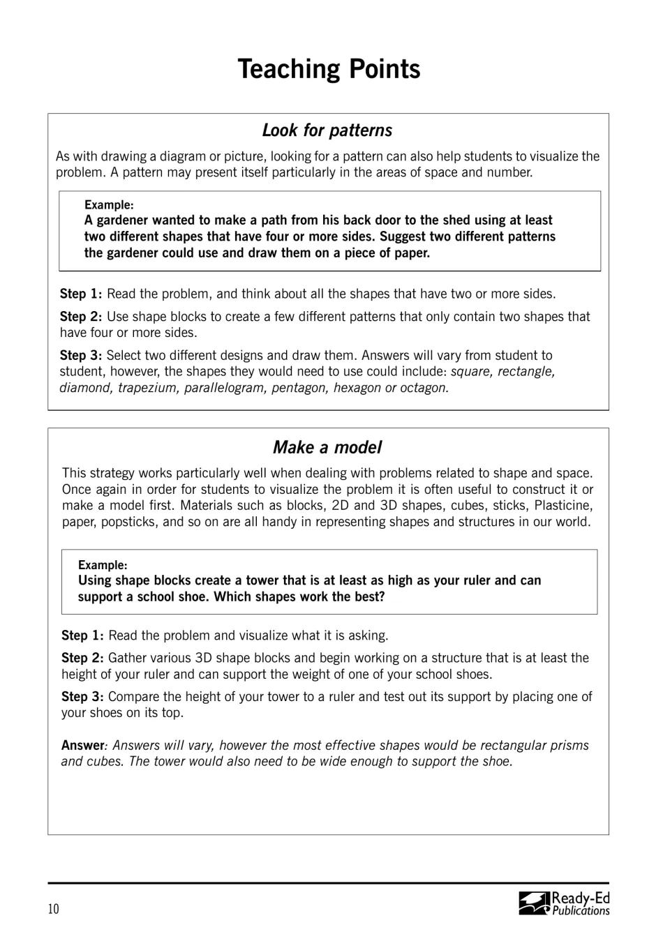 Teaching points for look for patterns and make a model, with worked examples on a shape path and a shape-block tower