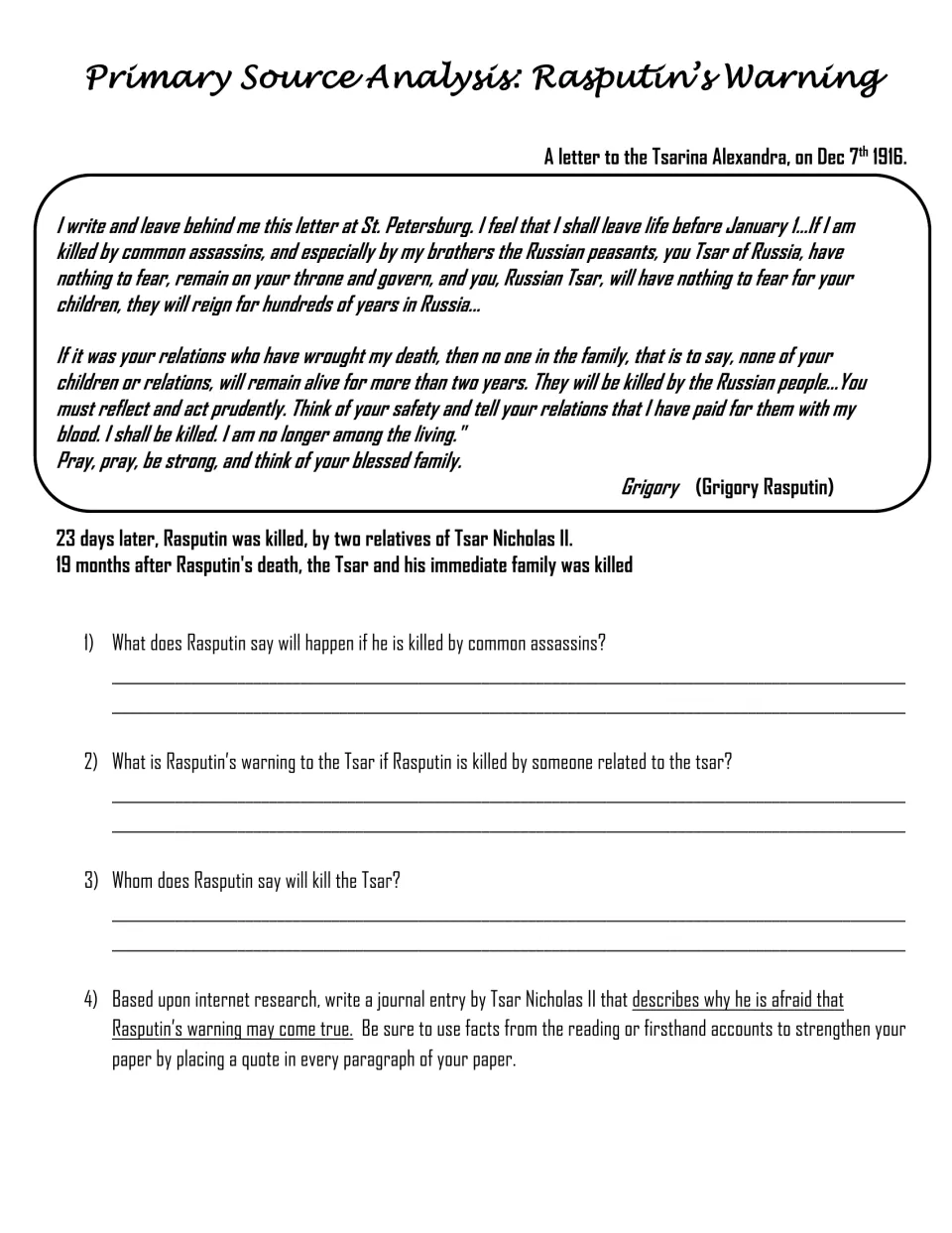 Rasputin's Warning: students read his Dec 1916 letter to Tsarina Alexandra, answer 3 questions and write as Tsar Nicholas II