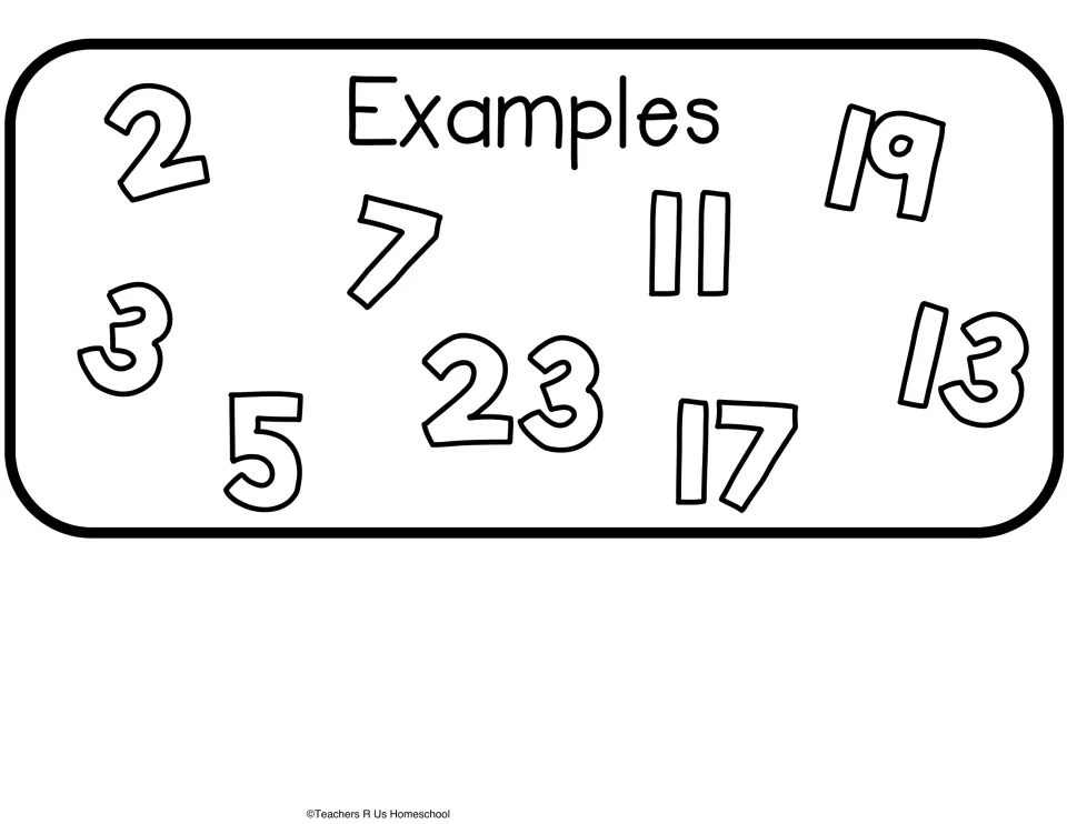 Examples card for the prime side: outlined numbers 2, 3, 5, 7, 11, 13, 17, 19 and 23 scattered across the piece