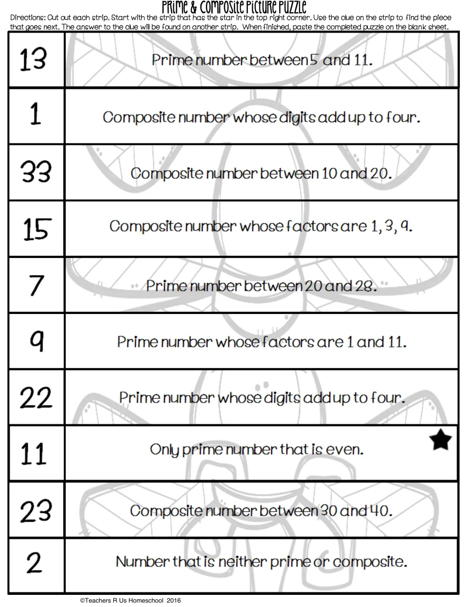 Prime and composite clues: students cut out 10 strips, start at the star and find each clue's answer on another strip