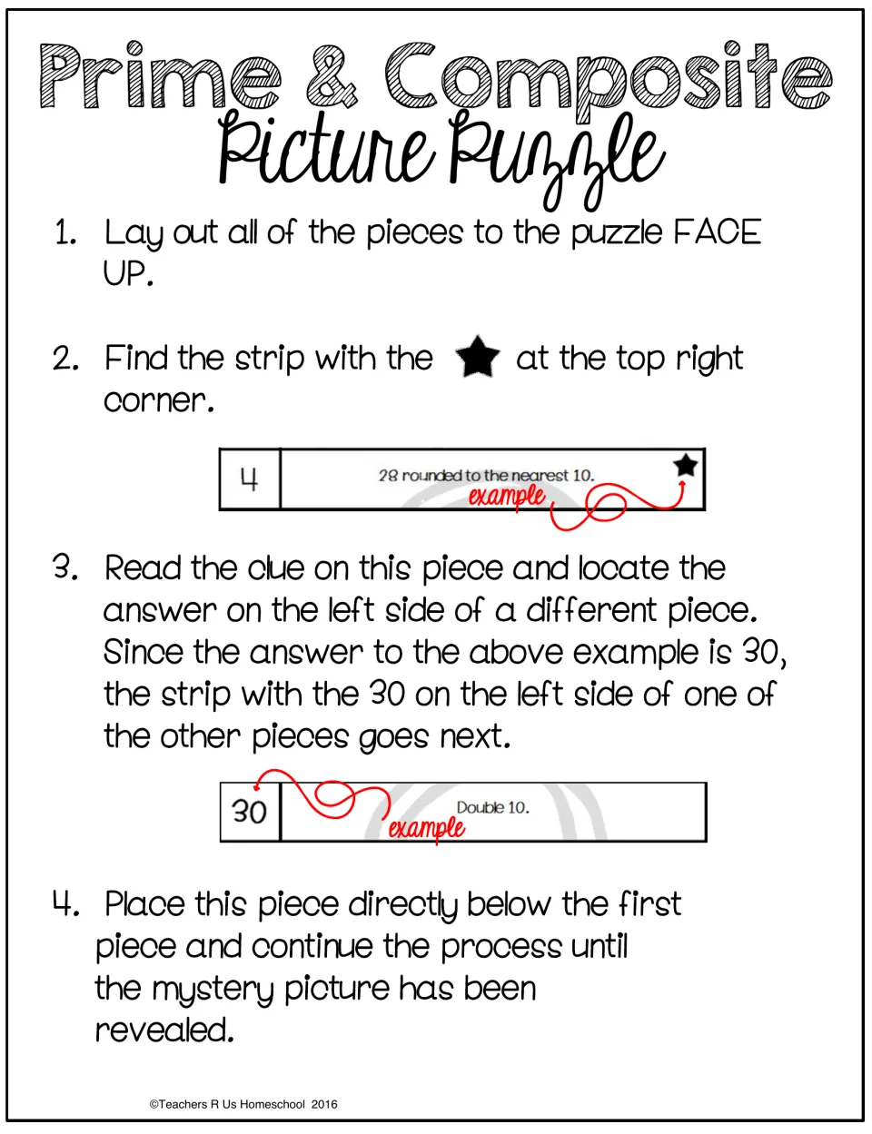Strip puzzle directions: lay pieces face up, start at the star, find each clue's answer, e.g. 28 rounded is 30