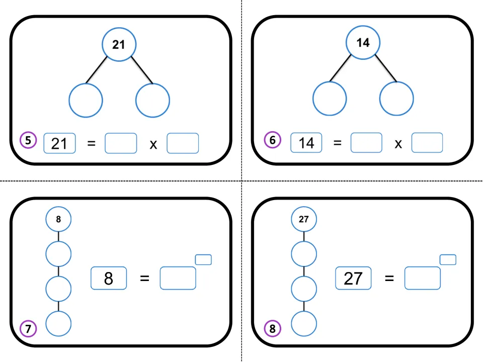 Factor tree cards 5-8: students split 21 and 14 into prime factors and write 8 and 27 as a single prime raised to a power