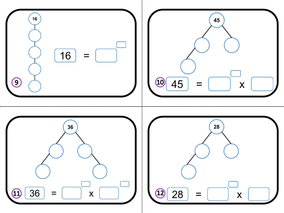 Cards 9-12: students build factor trees for 16, 45, 36 and 28 and record each using exponents for repeated prime factors