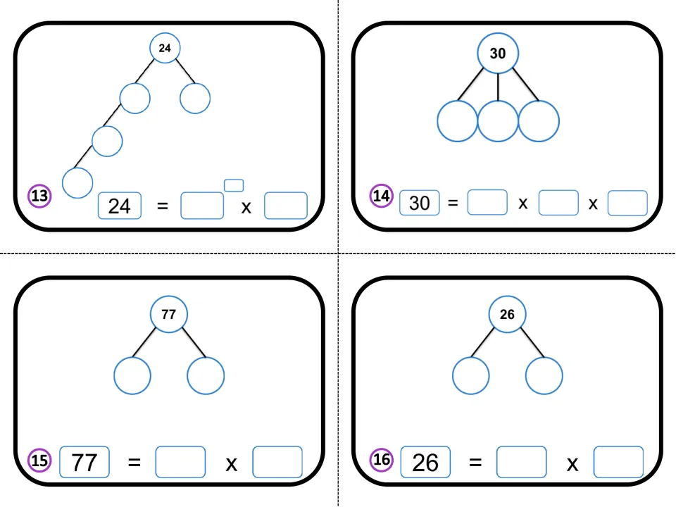 Cards 13-16: factor trees for 24, 30, 77 and 26, where 30 branches into three primes; students write each as a product
