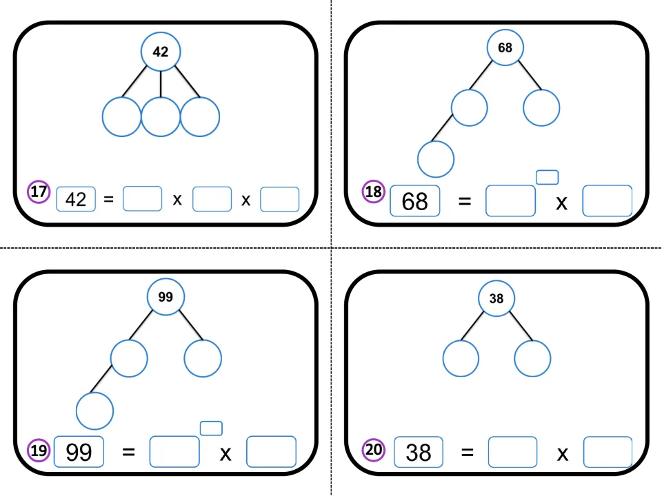 Cards 17-20: students find the prime factors of 42, 68, 99 and 38 on factor trees, using exponents where a prime repeats