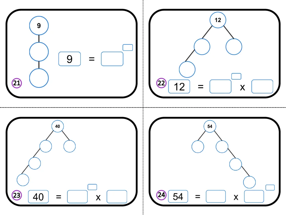 Cards 21-24: prime factorization of 9, 12, 40 and 54 with factor trees; students write each answer in exponent form