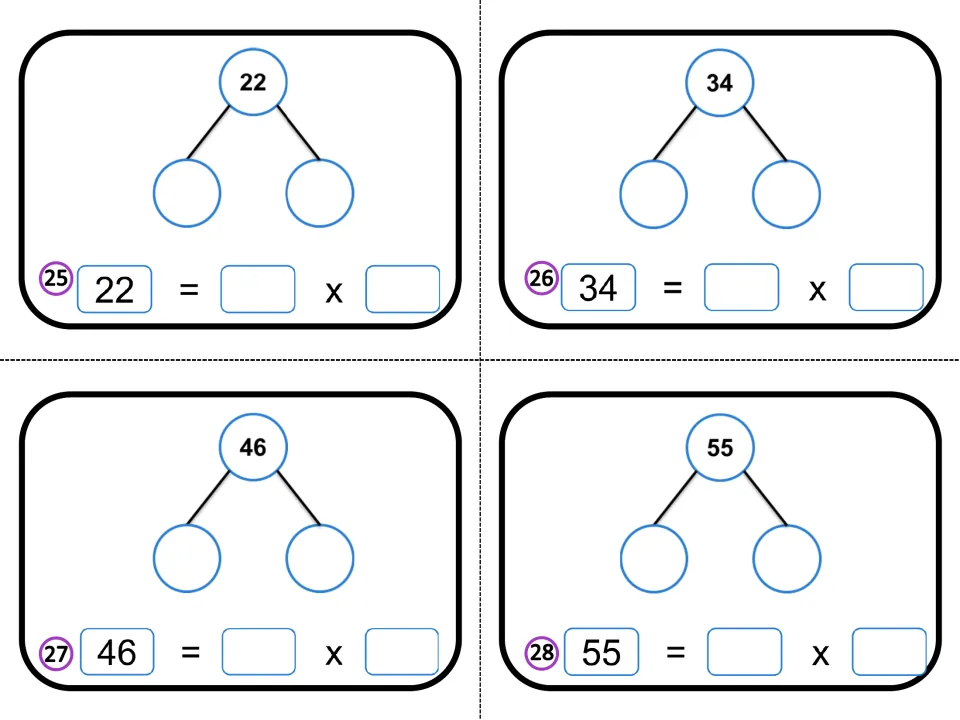 Cards 25-28: students break 22, 34, 46 and 55 into two prime factors on simple factor trees and complete the equations