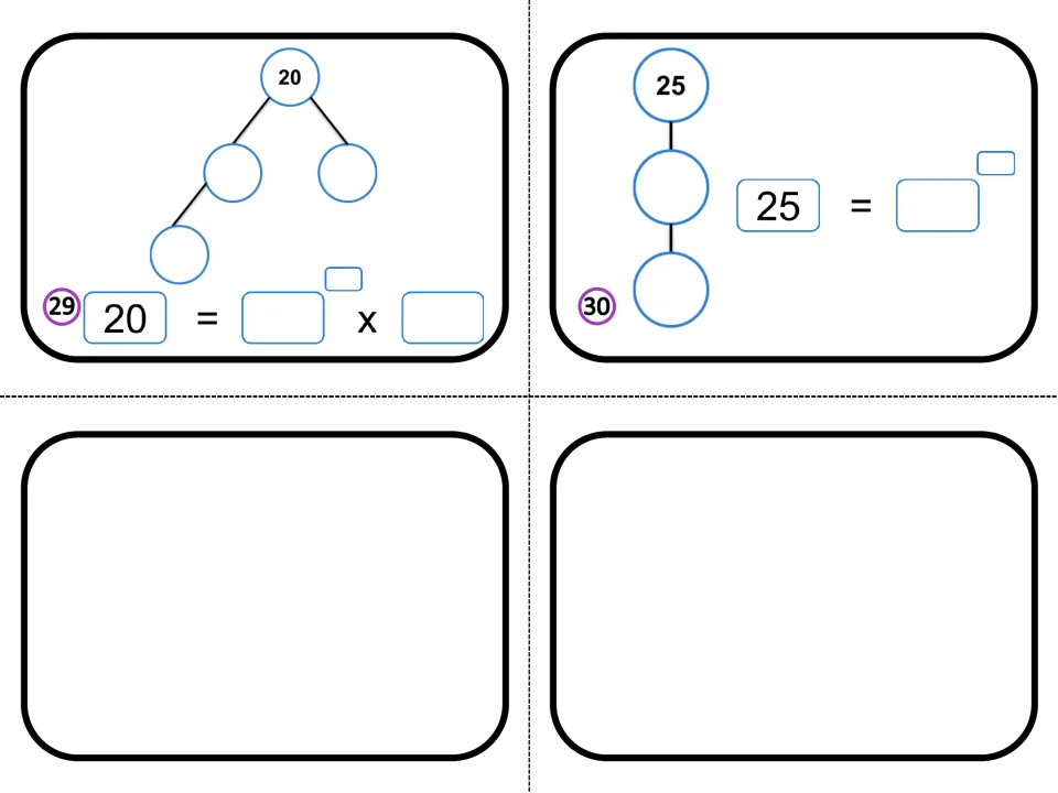 Cards 29-30: students factor 20 into primes using an exponent and write 25 as a prime power; two blank cards follow