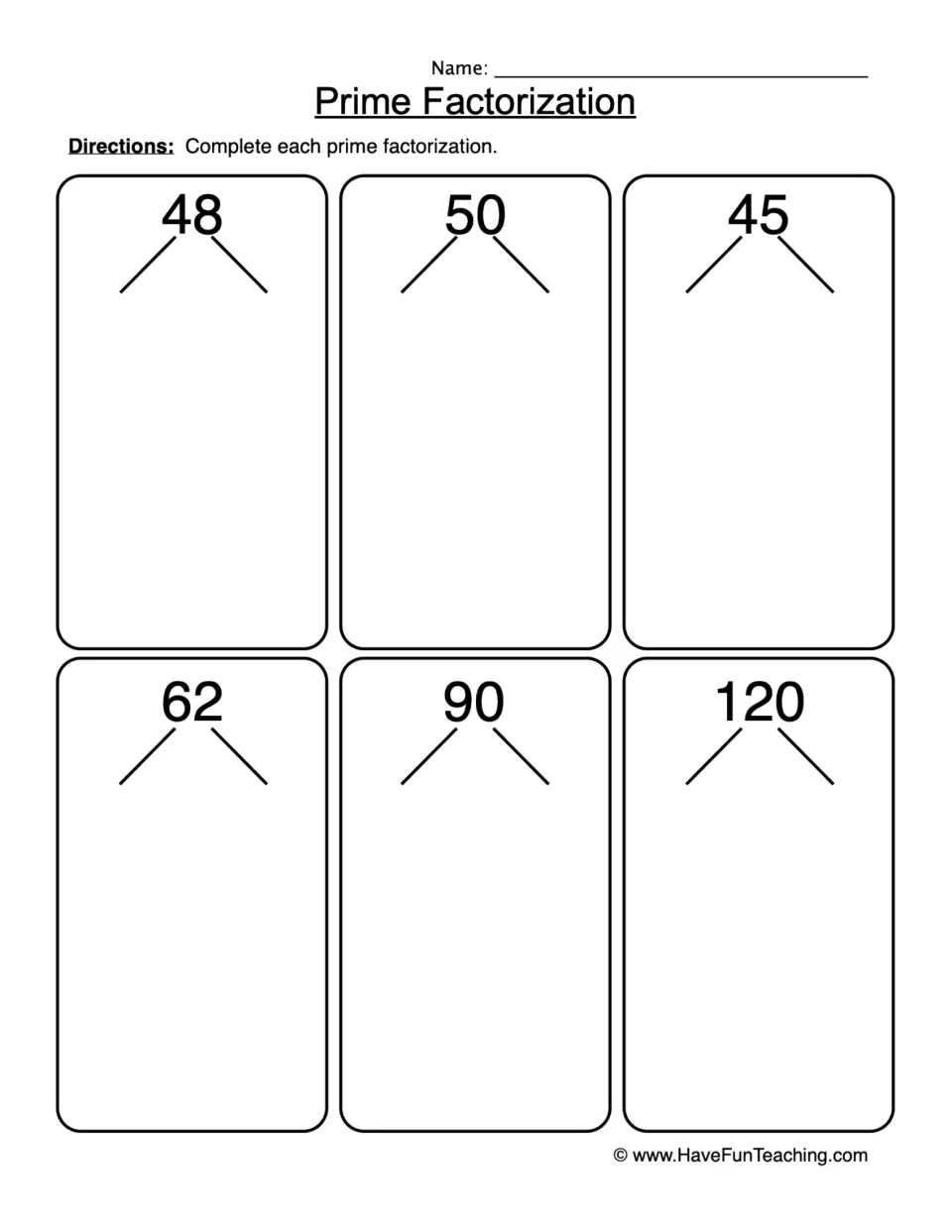 Prime factorization practice: students complete factor trees for 48, 50, 45, 62, 90 and 120, breaking each into primes