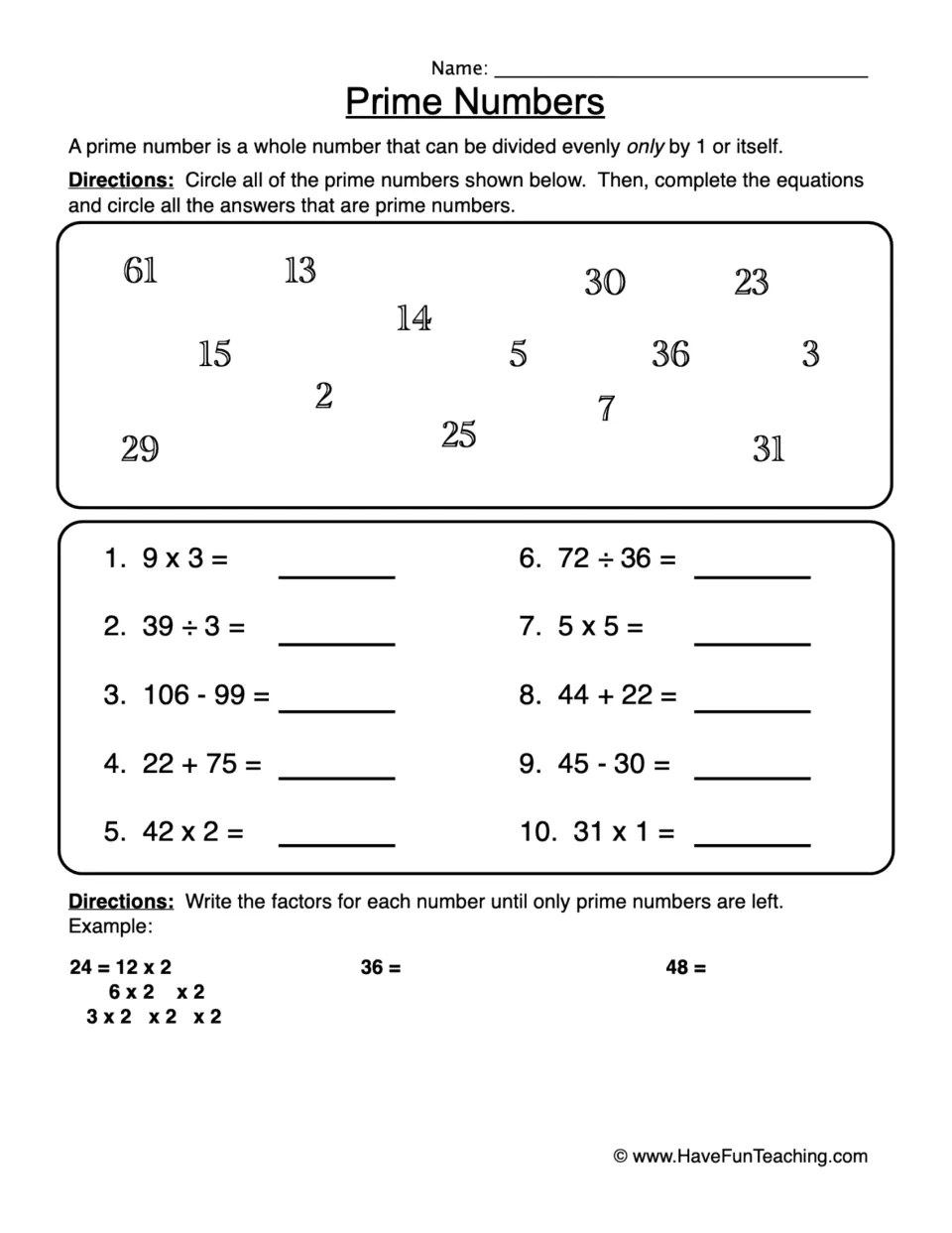 Prime number practice: identify primes among 14 numbers, solve 10 equations, and factor 36 and 48.