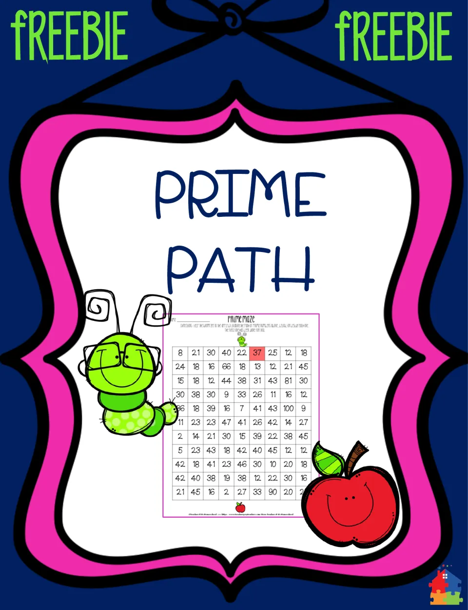 Freebie cover for Prime Path: a prime number maze with a worm, an apple and a preview of the 11-row number grid