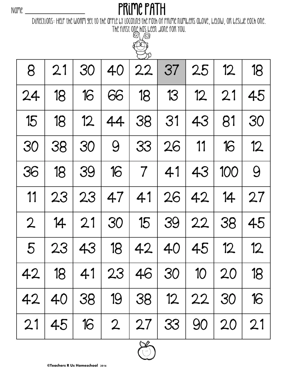 Black-and-white prime maze: students find primes above, below or beside each number to guide the worm to the apple