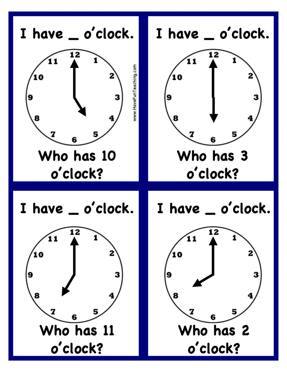 Analog cards with clocks at 5, 6, 7 and 8 o'clock, each asking who has 10, 3, 11 or 2 o'clock to continue the chain