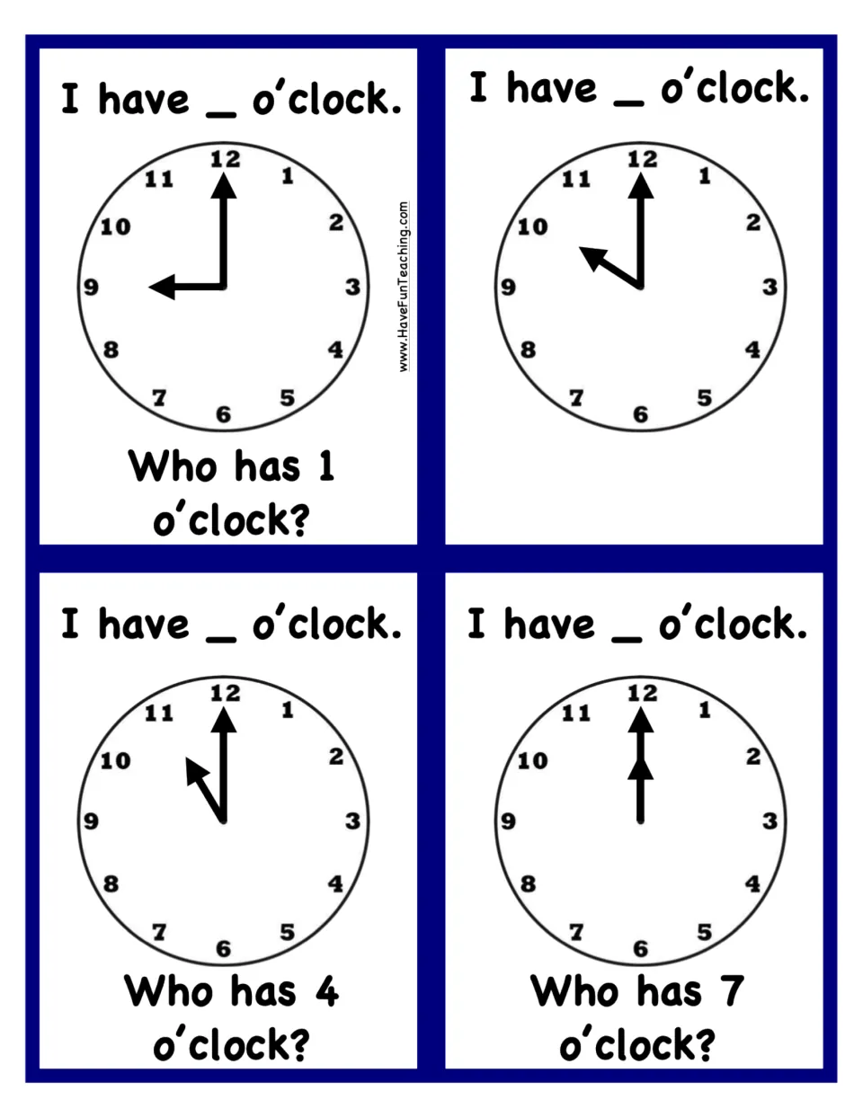 Analog clock cards for 9, 10, 12 and 11 o'clock; the 10 o'clock card has no question, so it ends the reading-the-hour game