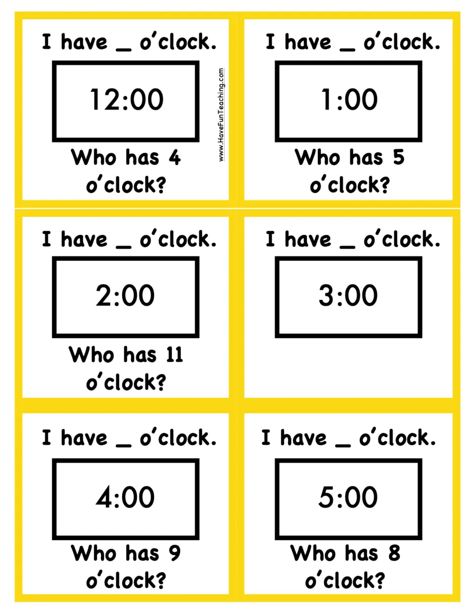 Digital time cards for 12:00 through 5:00 with I have, who has prompts; the 3:00 card has no question and ends the round