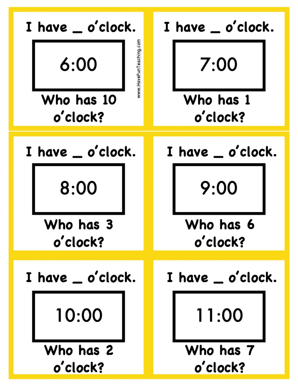 Digital time cards for 6:00 through 11:00; students read each hour aloud and ask who has 10, 1, 3, 6, 2 or 7 o'clock