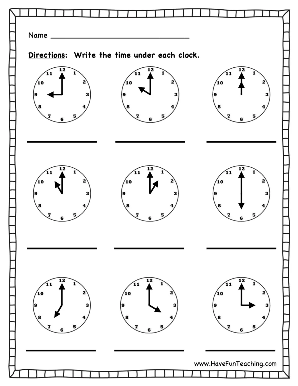 Telling time to the hour review: students read nine analog clocks, from 9 o'clock to 3 o'clock, and write each time