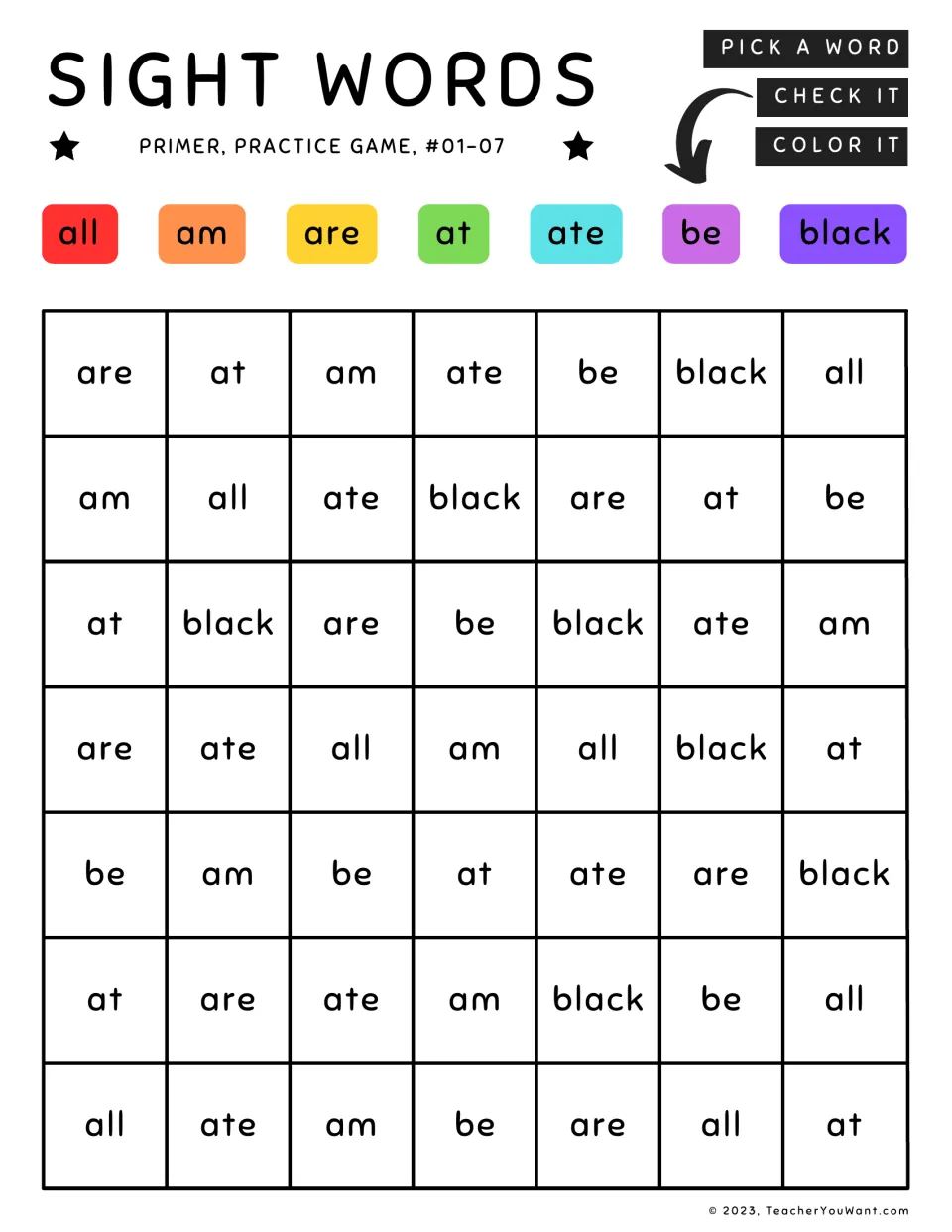 Primer sight word coloring practice 1–7: all, am, are, at, ate, be, and black, each matched to a color.