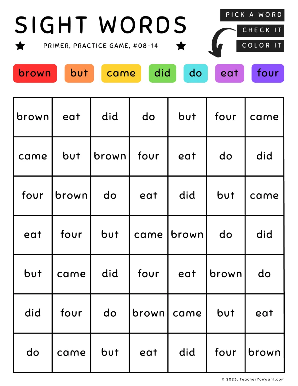 Primer sight word coloring practice 8–14: brown, but, came, did, do, eat, and four, with a color key.