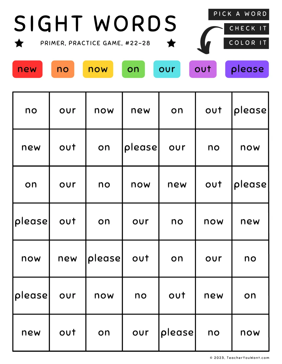 Primer sight word coloring practice 22–28: new, no, now, on, our, out, and please, with a color key.