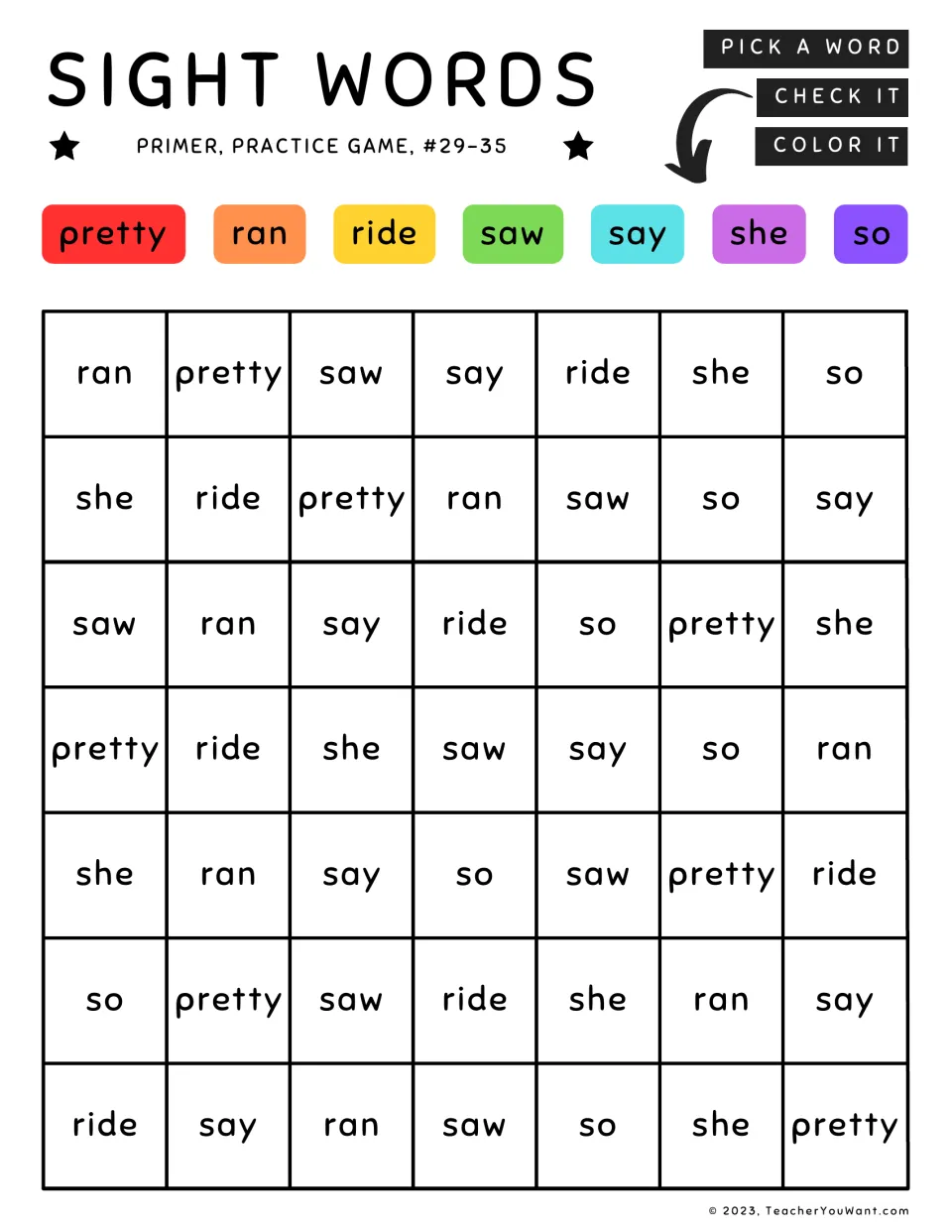 Primer sight word coloring practice 29–35: pretty, ran, ride, saw, say, she, and so, with a color key.