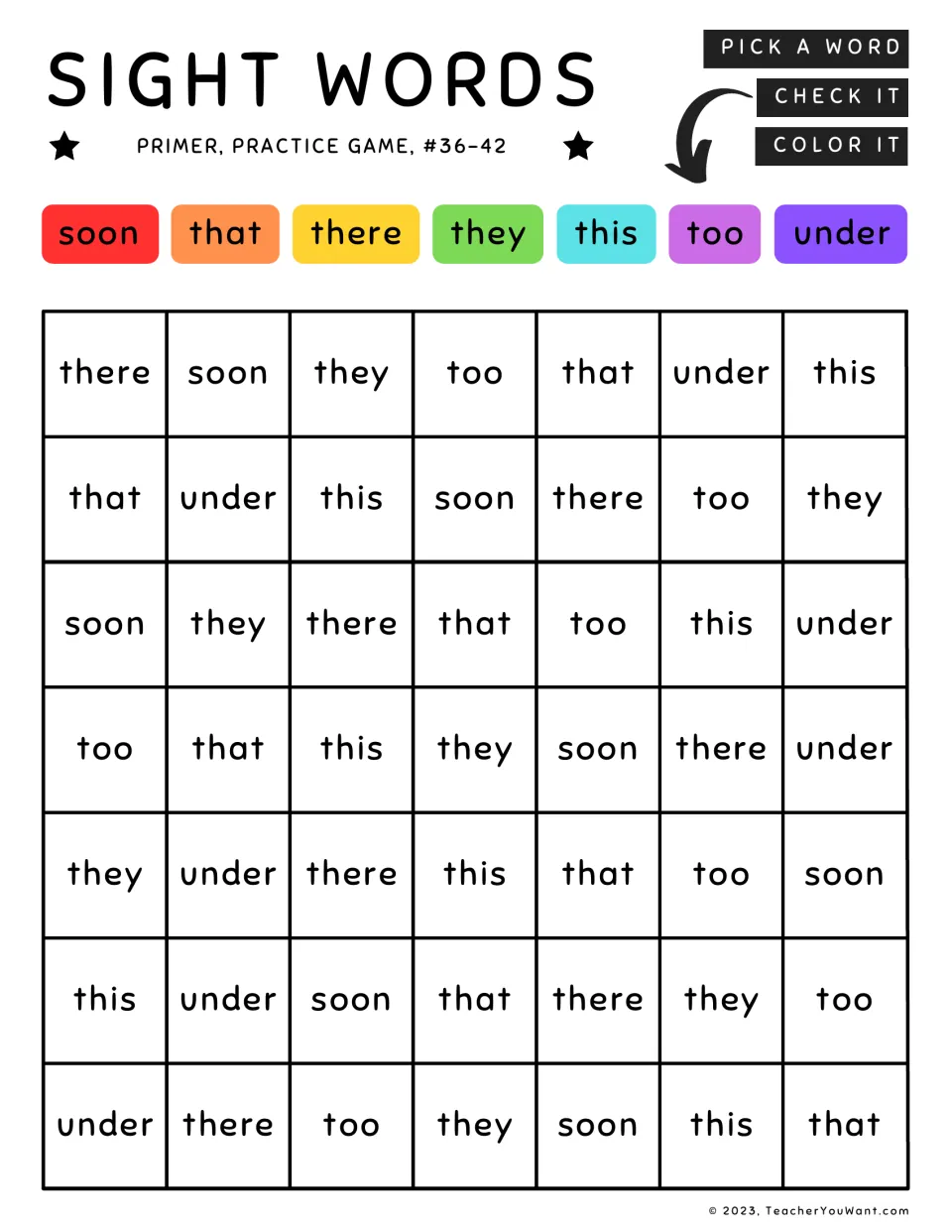 Primer sight word coloring practice 36–42: soon, that, there, they, this, too, and under, with a color key.
