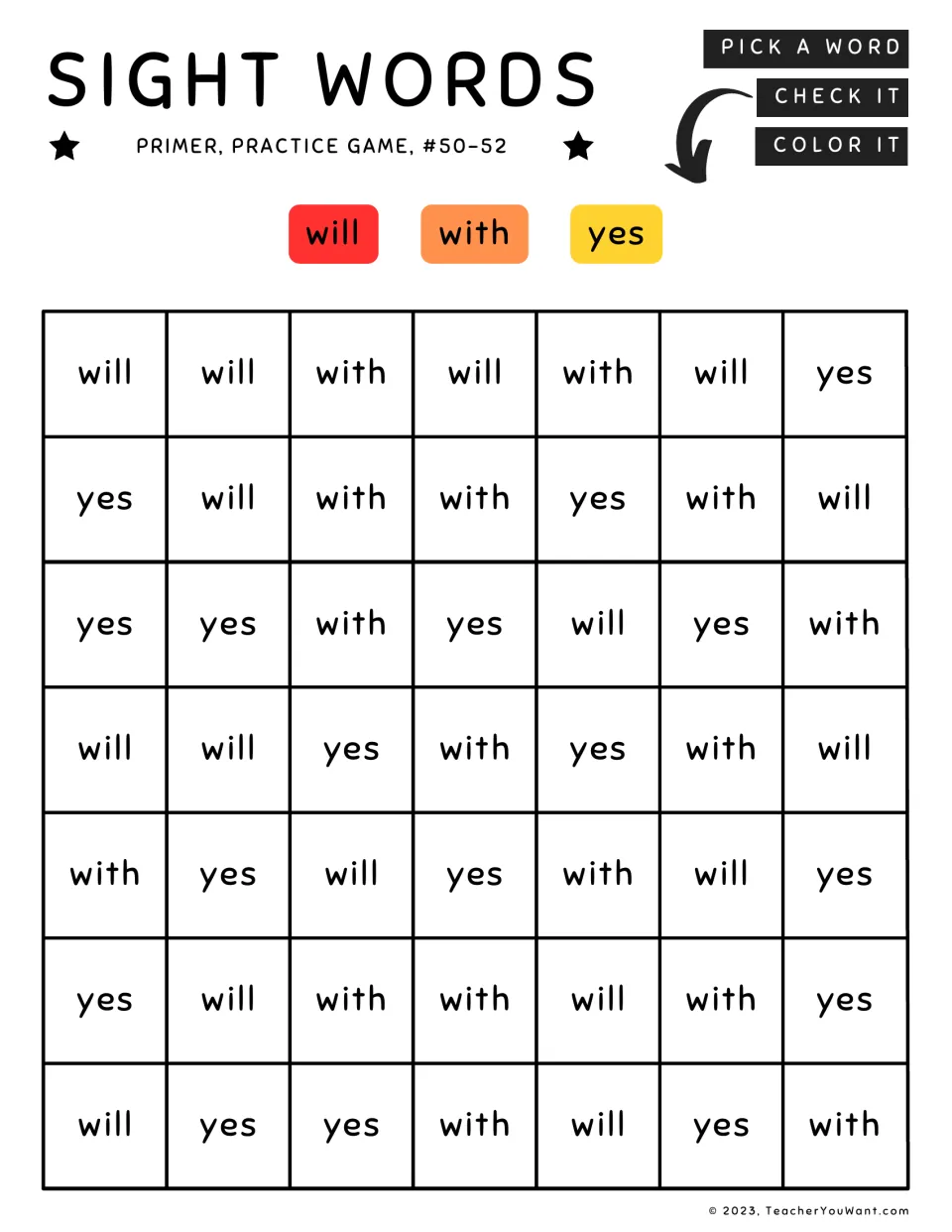 Primer sight word coloring practice 50–52: repeated words will, with, and yes to color red, orange, and yellow.