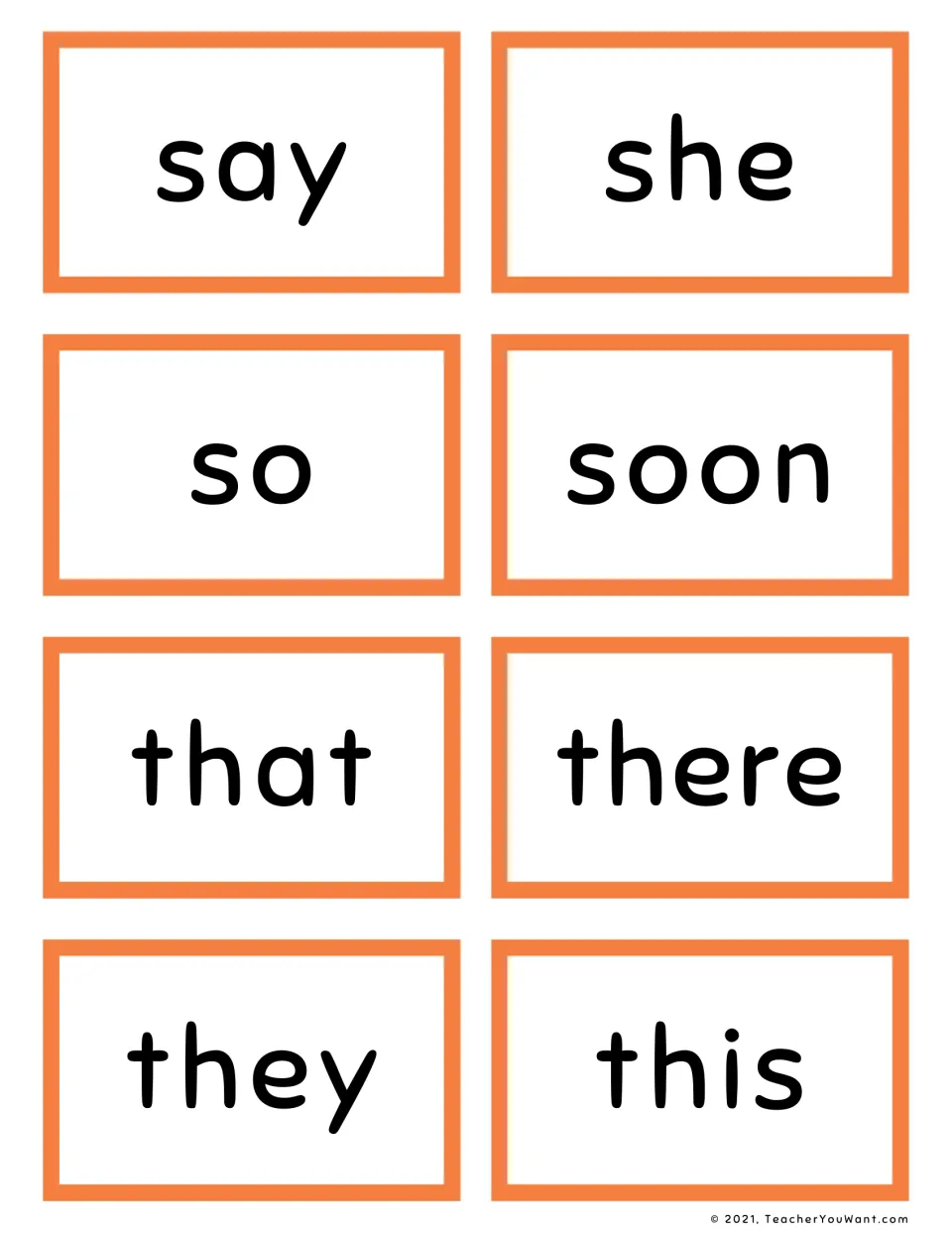 Sight word cards for whole-word reading: say, she, so, soon, that, there, they and this, four of them th- words
